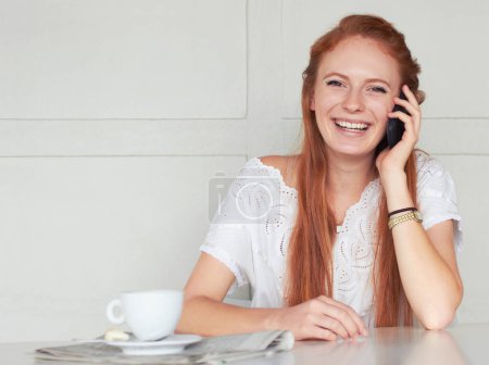 Photo for Coffee shop, portrait and happy woman with phone call, relax and enjoy conversation on wall background. Cafe, smartphone and face of female person speaking while on her day off, weekend or tea break. - Royalty Free Image