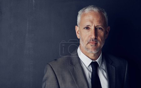 Photo for Mockup portrait of senior businessman, lawyer or attorney with serious face on dark background. Boss, ceo and professional business owner, mature director with executive management job at law firm - Royalty Free Image