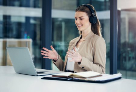 Photo for Video call, laptop or happy businesswoman in online meeting or virtual conference for consulting in office. Headphones, explain or girl consultant in webinar communication, talking or conversation. - Royalty Free Image