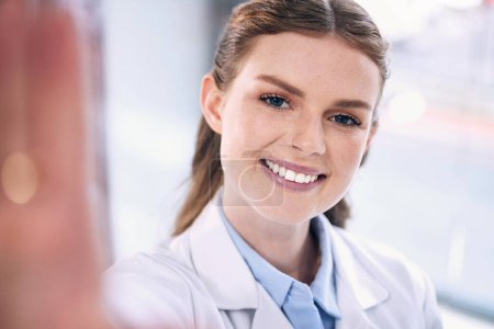 Photo for Happy woman, doctor and portrait in selfie for picture, memory or photo of doctor at hospital. Female person, medical or healthcare professional smile with teeth for vlog, dental care and wellness. - Royalty Free Image