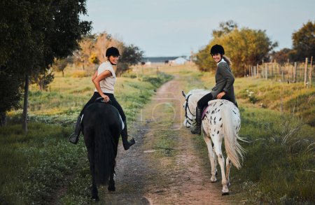 Téléchargez les photos : Équitation, amis et portrait de femmes à la campagne en plein air pour la liberté. Équestres, filles et animaux heureux dans le champ, la nature et l'aventure pour voyager, voyager et vacances en été ensemble - en image libre de droit