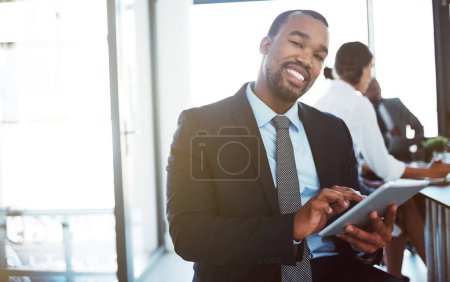 Photo for Accountant, portrait and black man with tablet in office for business, research or online browsing. Face, technology and smile of corporate African auditor, happy person or professional in company - Royalty Free Image