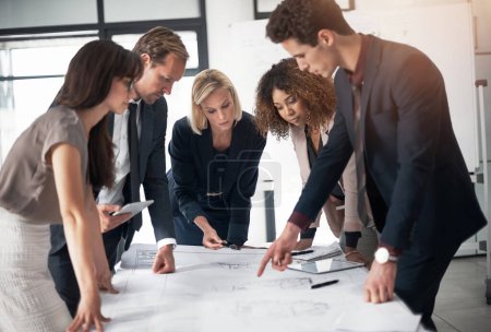 Photo for Business people, architect and blueprint layout in meeting collaboration or planning strategy at office. Group of engineers in teamwork discussion, floor plan or documents for industrial architecture. - Royalty Free Image