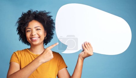 Photo for Speech bubble, communication portrait and woman pointing, social media and college talk, news or voice. Face of student or African person with chat mockup, opinion or quote sign on a blue background. - Royalty Free Image