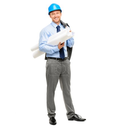 Photo for Engineering, blueprint and happy with portrait of man in studio for architecture, designer and building, Graphics, floor plan and construction with male contractor on white background for inspection. - Royalty Free Image