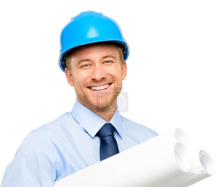 Photo for Architecture, blueprint and isolated with portrait of man in studio for engineering, happy and building, Graphics, floor plan and construction with male contractor on white background for inspection. - Royalty Free Image