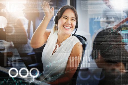 Photo for Call center, high five and happy people in overlay with graphs, statistics and data. Telemarketing, success and celebration of man and Asian woman in double exposure for teamwork, sales or lens flare. - Royalty Free Image