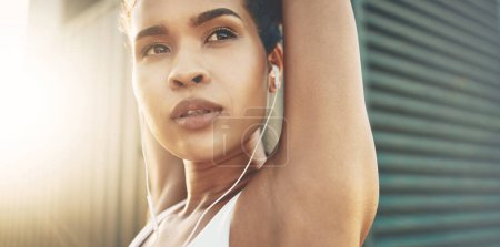 Photo for Fitness, thinking and woman stretching body in city or shipping dock listening to music, audio and track. Sports, healthy and female person outdoors for exercise, training and warm up for running. - Royalty Free Image