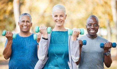 Photo for Weights, fitness and portrait of senior people doing a strength arm exercise in an outdoor park. Sports, wellness and group of elderly friends doing a workout or training class together in nature - Royalty Free Image