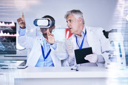 Photo for Future, data and scientist team with virtual reality, overlay and digital abstract with tablet, medical research and technology. Science info, test results and VR experience, people in lab and DNA. - Royalty Free Image
