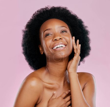Photo for Afro, beauty or black girl with smile thinking of dermatology, salon cosmetics or skincare in studio. Happy, vision or face of African model with hair care or self love isolated on a pink background. - Royalty Free Image