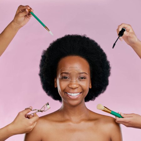 Photo for Portrait, smile and black woman with cosmetic tools, dermatology or happiness against a studio background. Face, female person or model with makeup, brushes or salon treatment with luxury or skincare. - Royalty Free Image