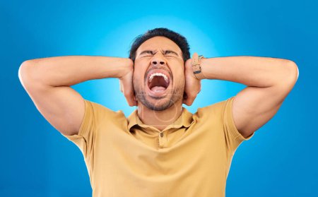 Photo for Man cover his ears while shouting in a studio for angry, upset or mad argument expression. Crazy, scream and young male person with an open mouth for loud voice gesture isolated by a blue background - Royalty Free Image