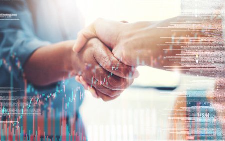 Business, handshake and collaboration on statistics double exposure. Shaking hands, deal and people with agreement on overlay with graph data for b2b acquisition, partnership and stock market trading.