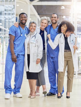 Photo for Winning, team portrait and doctors or nurses in healthcare service, leadership and teamwork with hospital diversity. Professional medical people, mentor and internship group, success and clinic goals. - Royalty Free Image
