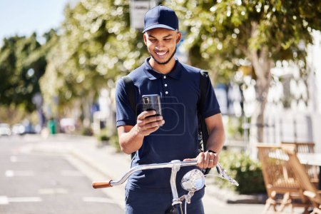 Photo for Bicycle, phone and delivery man use phone gps to navigate the street of a city for a package, product or fast food. Bike, mobile app and courier employee use a map online, internet or ecommerce web. - Royalty Free Image