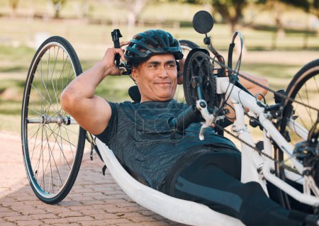 Photo for Sports, athlete or a man with a disability and bike for handicap race, fitness and recumbent challenge. Exercise, happy and a handbike of Paralympic person outdoor for cycling or cardio for training. - Royalty Free Image