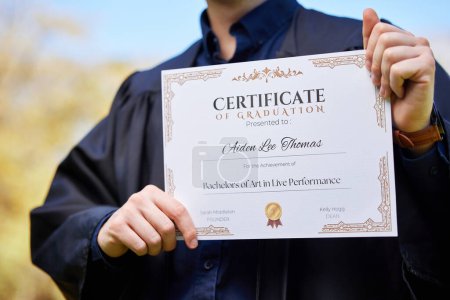 Photo for University, hands and closeup of a graduation certificate for success, achievement or goal. Scholarship, college and zoom of graduate, student or person holding degree or diploma scroll for education. - Royalty Free Image