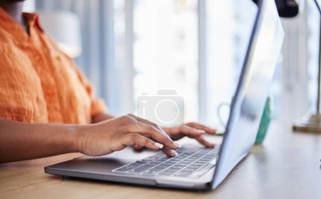 Photo for Hands, editing or woman writer typing on laptop for networking on email or online research on keyboard. Closeup, digital or girl copywriting on blog site, feedback or internet article for remote work. - Royalty Free Image