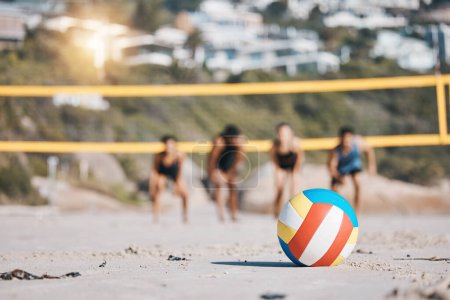 Photo for Ball, beach and volleyball sports with people together for fitness challenge or competition. Young men and women or athletes ready for exercise, workout or fun game outdoor in nature, sea or sand. - Royalty Free Image