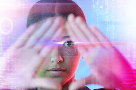 Photo for Woman, future holographic overlay and studio portrait, pyramid hand sign and coding for technology. Girl, futuristic hologram and digital transformation for cyber vision, programming and development. - Royalty Free Image