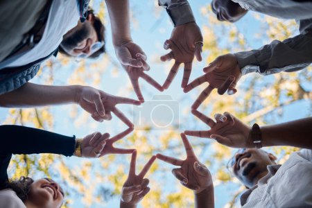 Photo for Creative people, hands and star in teamwork, solidarity or collaboration for unity in nature. Low angle of team group touching fingers together for faith, support or community, hope or startup goals. - Royalty Free Image