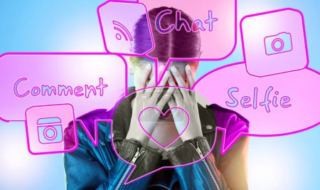 Photo for Young woman, speech bubble hologram or thinking with social media, overwhelmed or tech by blue background. Gen z student girl, 3d icon and anxiety for notification with stress, worry or mental health. - Royalty Free Image