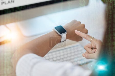 Photo for Smartwatch, screen and business woman for office management, workflow check and data mockup in overlay. Digital, clock app and professional person hands typing, reading and timer technology at desk. - Royalty Free Image