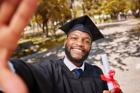 Photo for Black man, graduation selfie and diploma for college student, smile and excited for future at campus event. Graduate, education and celebration with certificate, memory or profile picture for success. - Royalty Free Image