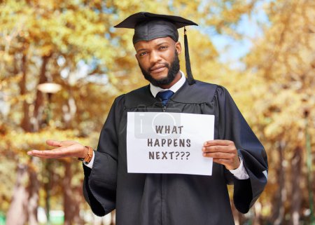 Photo for Paper sign, shrug and portrait of a man graduate by his college campus with a confused gesture. Doubt, graduation and African male student with poster and dont know expression outdoor at university - Royalty Free Image