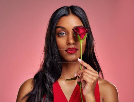Téléchargez les photos : Visage, beauté et portrait d'une femme avec une rose sur fond de studio pour la Saint Valentin. Maquillage, mannequin et jeune fille indienne sérieuse avec une fleur à la main pour le romantisme ou l'amour sur fond rose. - en image libre de droit