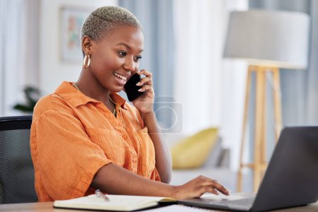 Photo for Phone call, laptop and business black woman in discussion, planning and startup ideas for freelance. Remote work, communication and happy female worker talking, speaking and chatting on smartphone. - Royalty Free Image