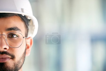 Photo for Architecture, space and portrait of man on construction site for engineering, design and building. Mockup, real estate and property with face of contractor for renovation, builder and maintenance. - Royalty Free Image