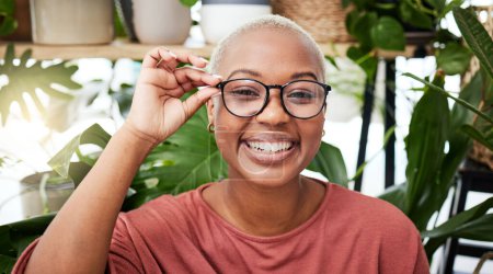 Photo for Black woman, glasses and vision with smile in portrait, eye care and optometry with frame and prescription lens. Eyesight, health and ophthalmology, female person with spectacles or cosmetic eyewear. - Royalty Free Image