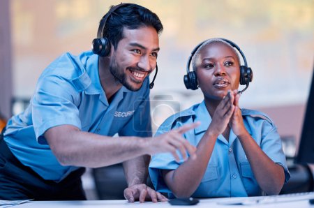 Photo for Security, surveillance and a man training a black woman in a control room for safety or law enforcement. Teamwork, office and headset with a private guard team watching a monitor for crime prevention. - Royalty Free Image