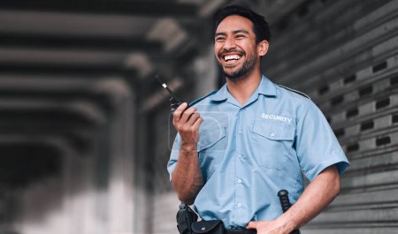 Photo for Security guard, safety officer and man with walkie talkie on street for protection, patrol or watch. Law enforcement, laugh and duty with a crime prevention male worker in uniform for communication. - Royalty Free Image