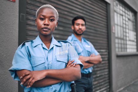 Photo for Portrait of black woman, security guard or arms crossed of safety officer, protection service or team patrol in city. Law enforcement, focus or professional crime prevention people in uniform outdoor. - Royalty Free Image