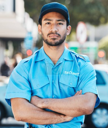 Photo for Security guard, portrait and safety officer man on the street for protection, patrol or watch. Law enforcement, serious and duty with a crime prevention male worker in uniform outdoor in the city. - Royalty Free Image