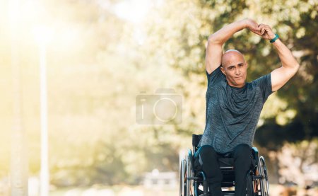 Photo for Stretching, start and wheelchair user man in park for training, workout or health portrait. Fitness, wellness and exercise person with a disability in nature for sports, challenge and mockup space. - Royalty Free Image