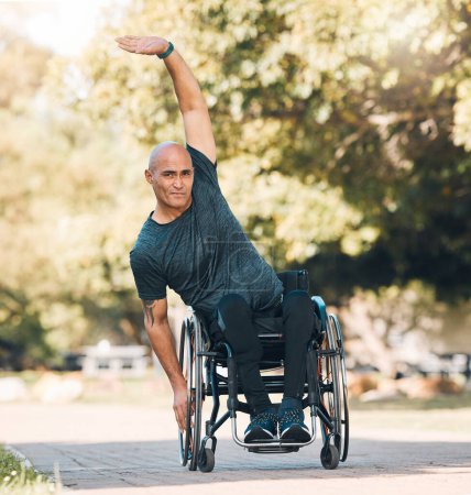 Photo for Stretching, workout and man with a disability in park for fitness and health portrait. Warm up, wellness and exercise with wheelchair user training in nature for sports, challenge and performance. - Royalty Free Image
