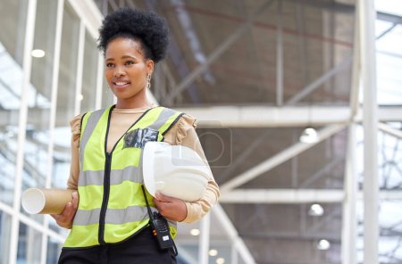 Photo for Black woman, blueprint or architect walking on construction site for project management or inspection. Engineering, thinking or designer with floor plan for architecture, development or innovation. - Royalty Free Image