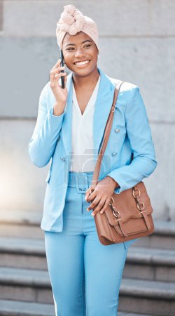 Photo for Phone call, walking and businesswoman on stairs in city with briefcase by her office building. Smile, happy and professional African female lawyer on mobile conversation with cellphone in urban town - Royalty Free Image