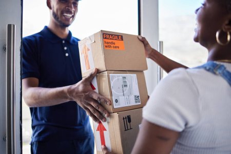 Photo for Ecommerce, delivery man with package boxes and woman at her front door for logistics. Distribution or online shopping, courier supply chain or shipping and happy man with cardboard parcel packaging. - Royalty Free Image