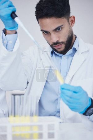 Photo for Man, medicine or scientists with test tubes in research for experiment, medical assessment or innovation. Breakthrough, studying biotechnology or researcher in laboratory for science development. - Royalty Free Image