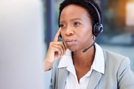 Photo for Call center, stress and black woman frustrated by faq, customer service or internet delay in office. Contact us, face and annoyed African lady consultant with 404, glitch or problem while consulting. - Royalty Free Image