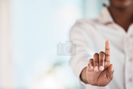 Photo for Finger, digital interface and business woman with hand gesture for biometrics, hud and ui mockup. Corporate, professional and female person touch for user experience, cybersecurity and touchscreen. - Royalty Free Image