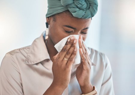 Photo for Office, blowing nose or sick black woman with tissue, flu or worker with health problems or illness in workplace. Lady, sneezing or businesswoman with toilet paper, allergy virus or fever disease. - Royalty Free Image