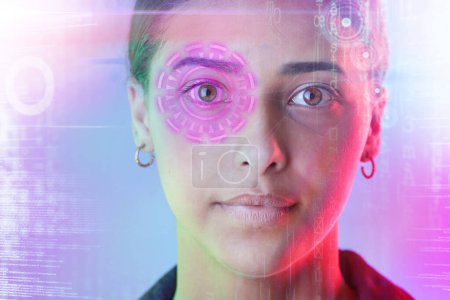 Photo for Cyber security, face and eye of woman with biometric password in the metaverse, overlay and futuristic technology. Safety, digital and young person online for facial recognition or verification. - Royalty Free Image