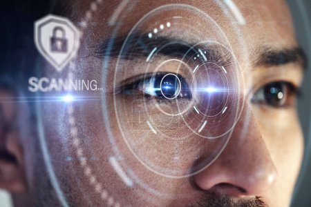 Photo for Scanning hologram, eyes and man with futuristic technology, biometric data or laser cybersecurity. Holographic lock, identity software and person focus, future or digital facial recognition overlay. - Royalty Free Image