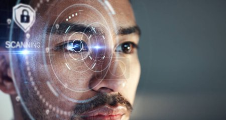Hombre asiático, escáner ocular y biométrica para la seguridad cibernética futurista en el espacio de maquetas en la oficina. Rostro de la persona masculina en el futuro reconocimiento facial para acceso, identificación o verificación digital.